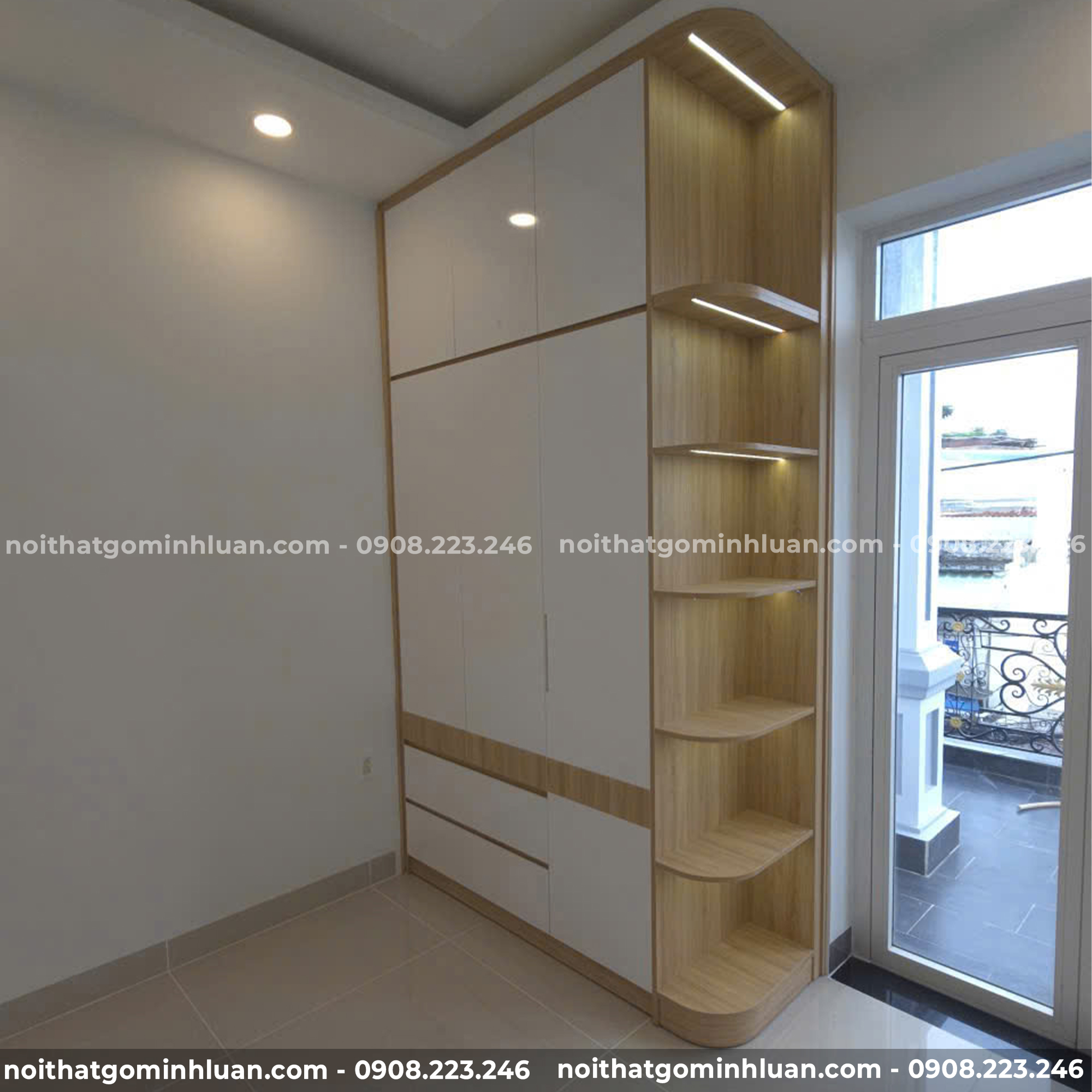 Tủ Quần Áo Kịch Trần Kết Hợp Kệ Trang Trí Gỗ Hiện Đại 1 Tủ Quần Áo Kịch Trần Kết Hợp Kệ Trang Trí Gỗ Hiện Đại