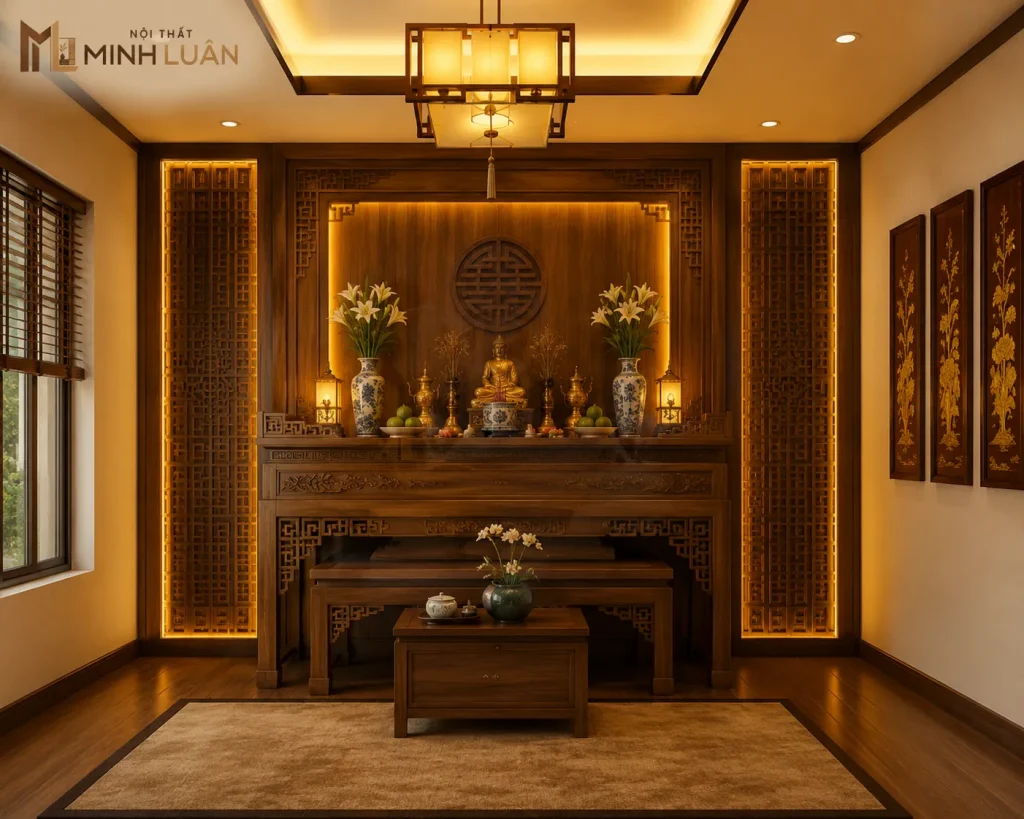 Hệ thống ánh sáng vàng ấm giúp không gian nội thất phòng thờ trở nên trang nghiêm và thanh tịnh