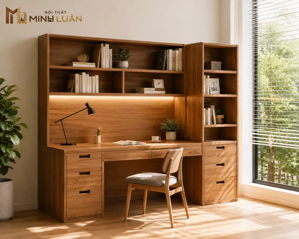 Bàn học và kệ sách bằng gỗ được bố trí khoa học, tạo không gian học tập riêng cho trẻ.