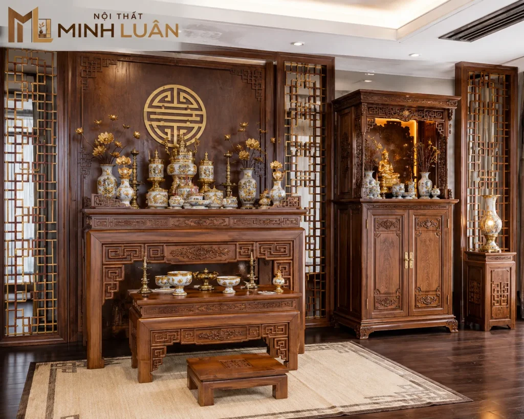 Không gian nội thất phòng thờ bằng gỗ với bàn thờ, vách gỗ và các hạng mục nội thất đồng bộ