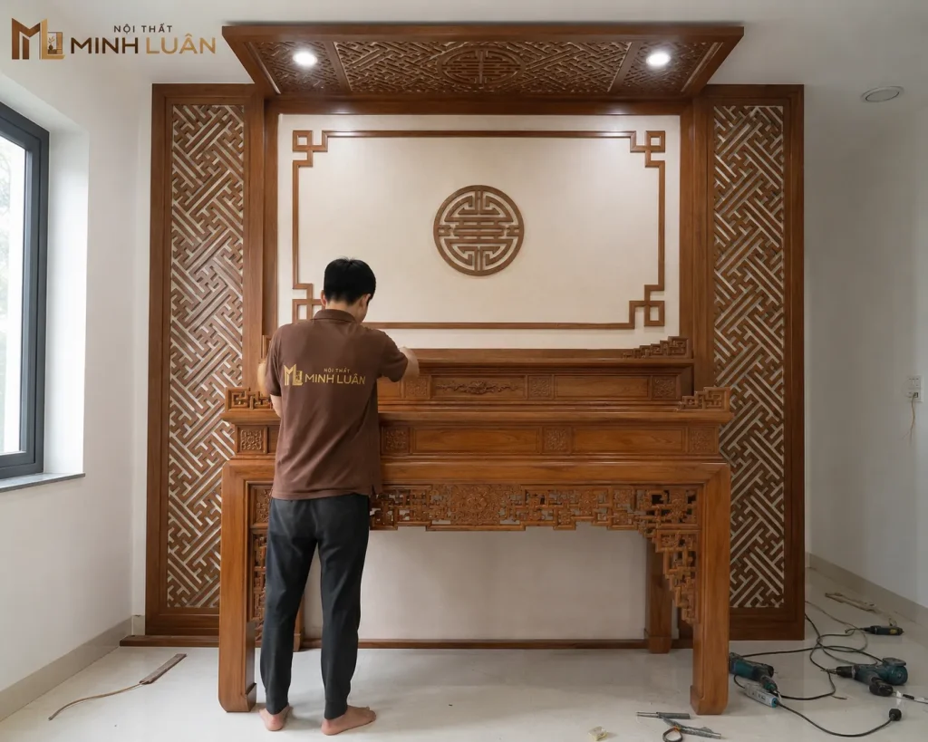 Bàn thờ gỗ được thiết kế cân đối với diện tích và kiến trúc phòng thờ