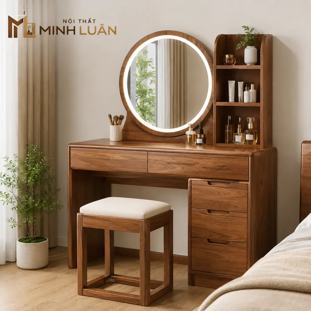 Bàn trang điểm có thể được thiết kế độc lập hoặc kết hợp với hệ tủ.