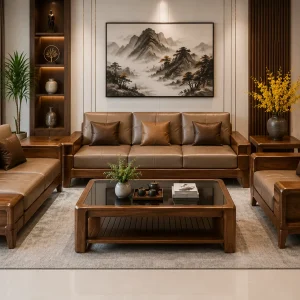 Bộ sofa gỗ tạo điểm nhấn cho không gian phòng khách