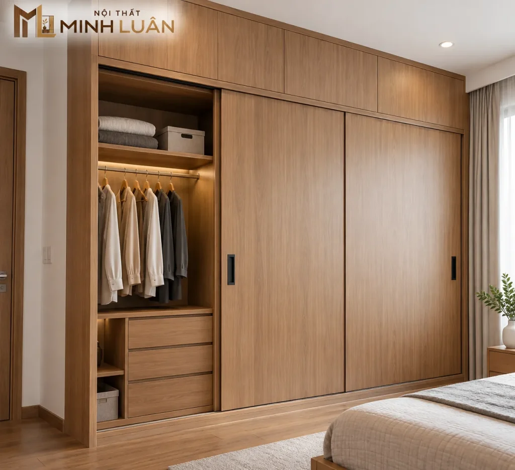 Tủ quần áo kịch trần được thiết kế theo kích thước thực tế giúp tăng không gian lưu trữ và tạo sự gọn gàng cho phòng ngủ.