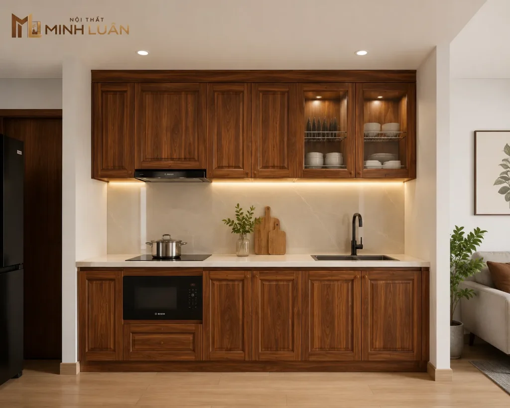 Tủ bếp chữ I bằng gỗ giúp tối ưu diện tích cho không gian bếp nhỏ