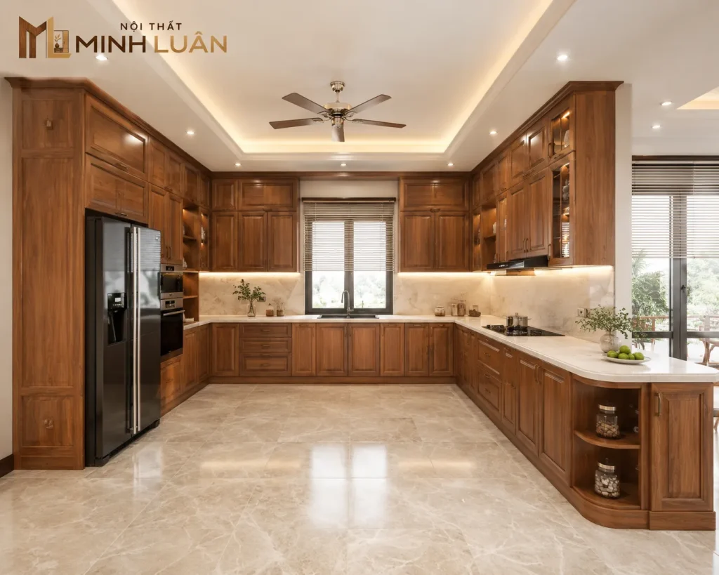 Tủ bếp chữ U bằng gỗ cung cấp nhiều không gian lưu trữ và thao tác