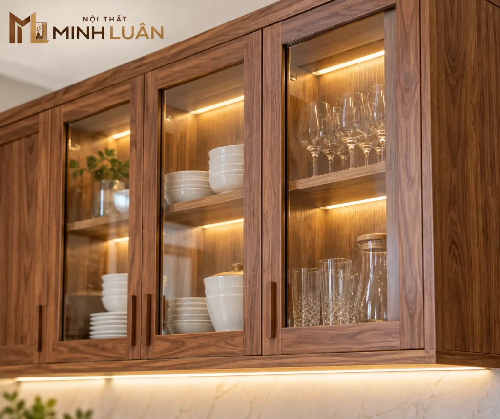 Tủ Bếp Gỗ Tự Nhiên Chữ L Có Tủ Trên Kính Hiện Đại 12 Tủ trên cánh kính tạo điểm nhấn hiện đại cho Tủ Bếp Gỗ Tự Nhiên Chữ L