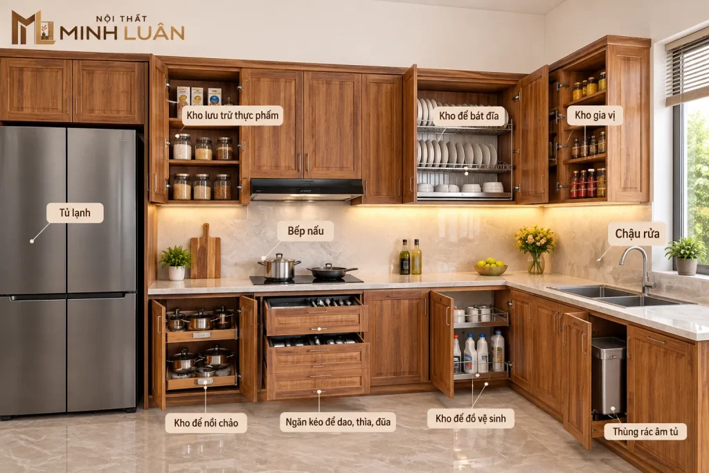 Hệ tủ bếp được bố trí khoa học với nhiều khu vực lưu trữ và thao tác