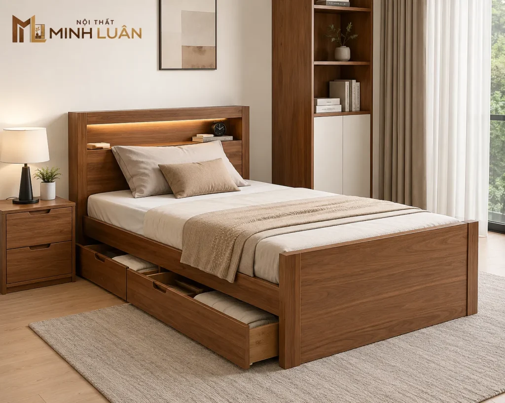 Giường ngủ gỗ kết hợp tủ quần áo và tab đầu giường tạo nên tổng thể nội thất hài hòa.