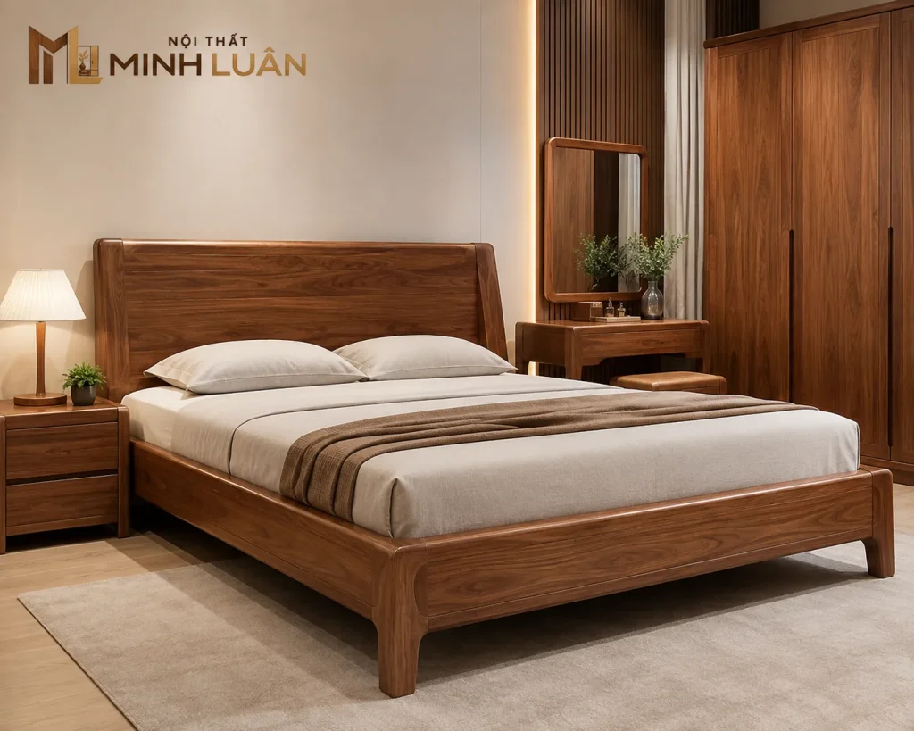 Giường ngủ gỗ đẹp với thiết kế hiện đại, mang đến không gian nghỉ ngơi tiện nghi và ấm cúng.