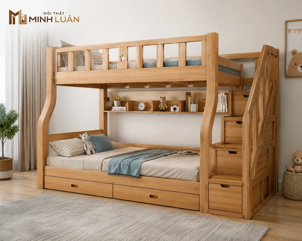 Giường tầng trẻ em bằng gỗ giúp tối ưu diện tích nhưng cần chú trọng kết cấu và các yếu tố an toàn khi sử dụng.