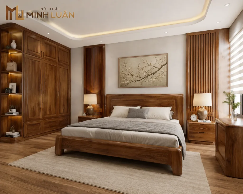 Gỗ tự nhiên và gỗ công nghiệp được ứng dụng linh hoạt trong Nội Thất Phòng Ngủ
