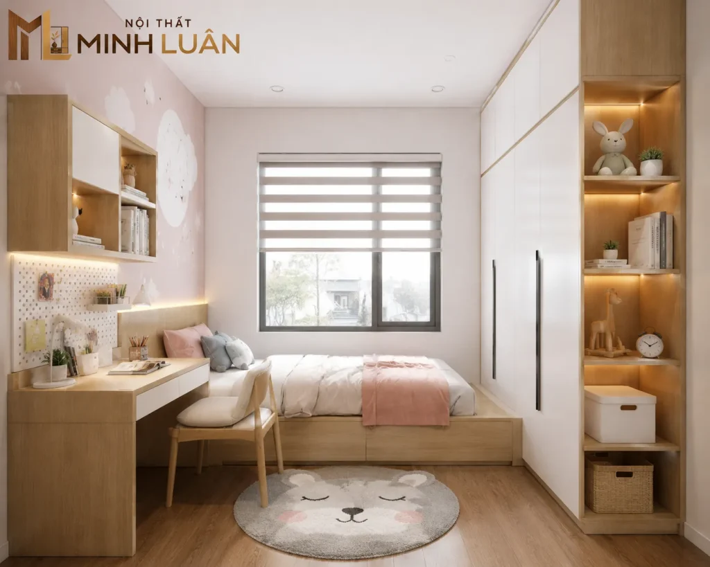 Các hạng mục Nội Thất Trẻ Em bằng gỗ phổ biến gồm giường ngủ, tủ quần áo, bàn học, kệ sách và hệ tủ lưu trữ.