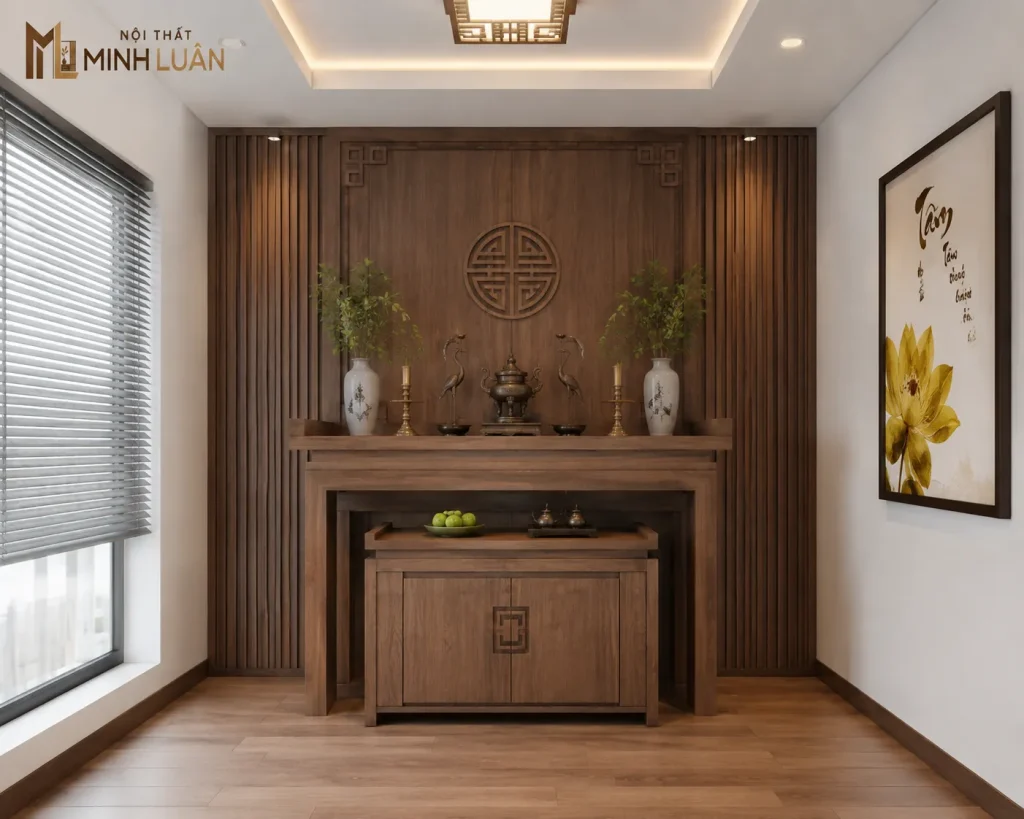 Mẫu nội thất phòng thờ gỗ hiện đại với đường nét tối giản và màu gỗ trầm ấm