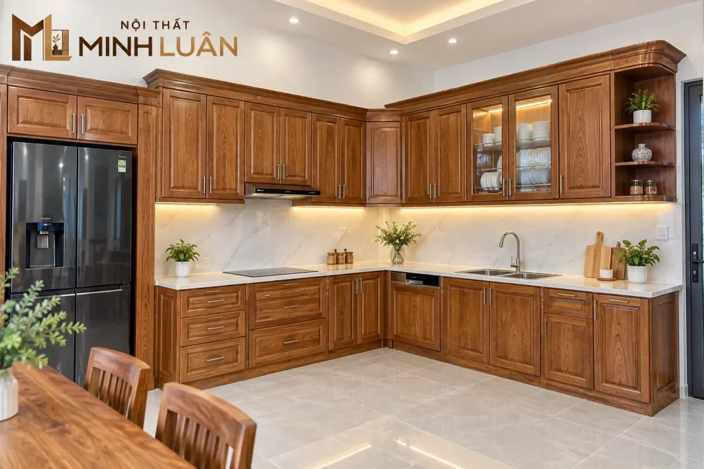 Tủ bếp đẹp giúp tối ưu không gian lưu trữ và nâng cao sự tiện nghi cho phòng bếp