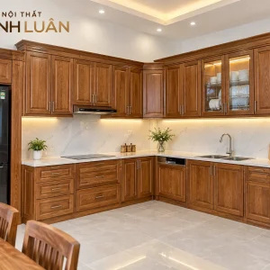 Alternative view of Tủ Bếp Gỗ Tự Nhiên Chữ L Có Tủ Trên Kính Hiện Đại