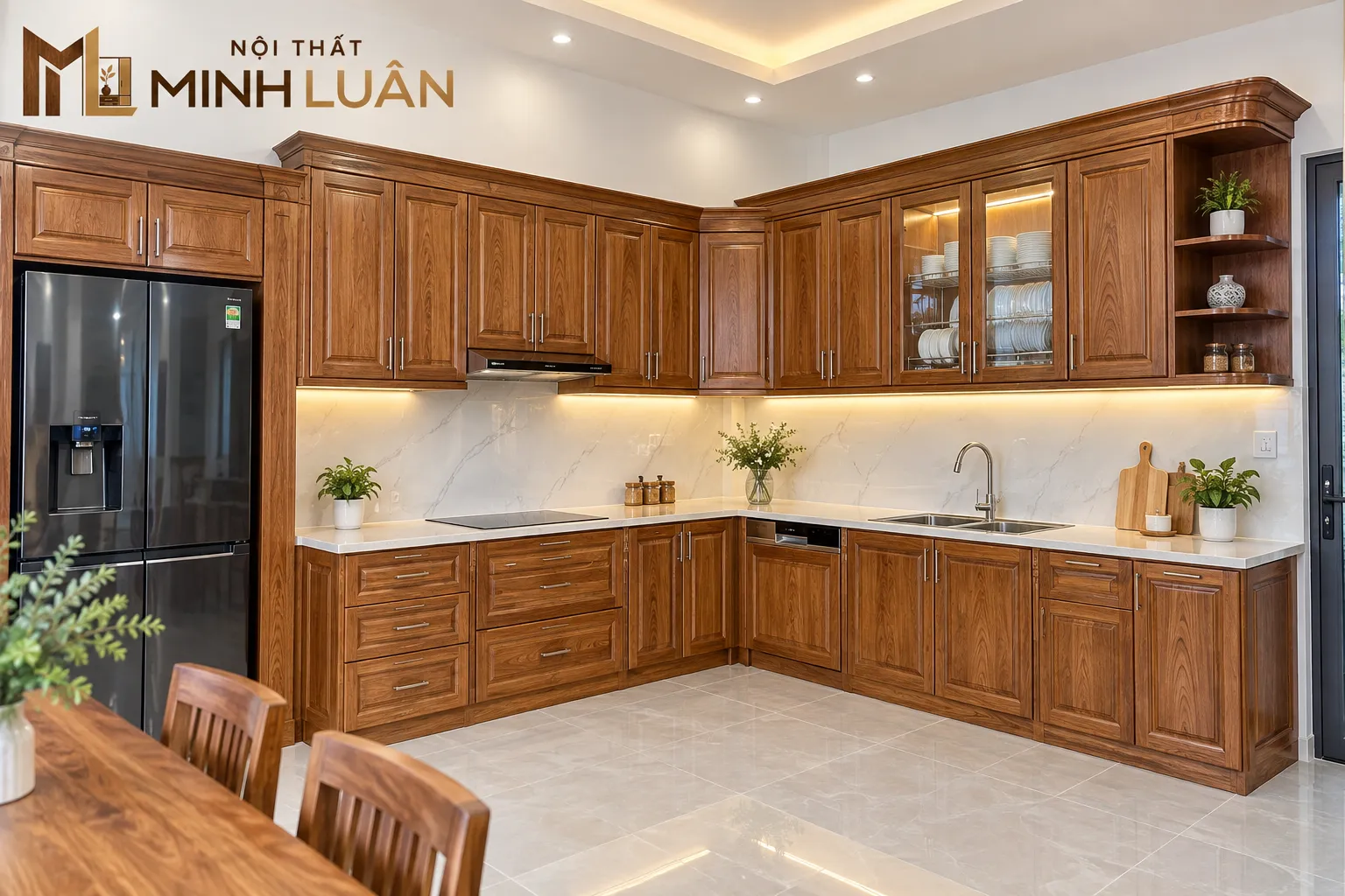 Tủ Bếp Gỗ Tự Nhiên Chữ L Có Tủ Trên Kính Hiện Đại 2 Tủ Bếp Gỗ Tự Nhiên Chữ L Có Tủ Trên Kính Hiện Đại - Ảnh 2