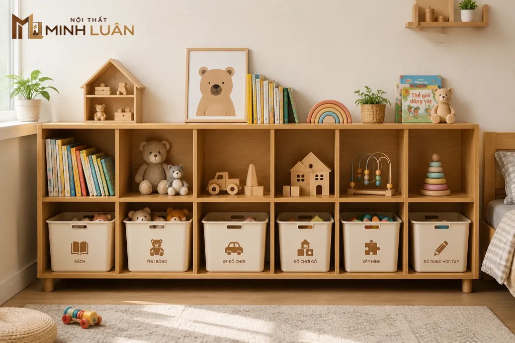 Kệ sách và kệ đồ chơi giúp trẻ dễ dàng lấy, sử dụng và sắp xếp đồ dùng cá nhân.