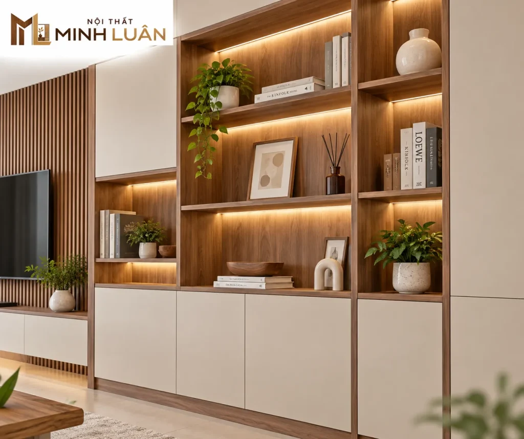 Tủ Quần Áo Kịch Trần Kết Hợp Kệ Trang Trí Gỗ Hiện Đại 15 Tủ quần áo kết hợp kệ trang trí tăng công năng và tạo điểm nhấn cho phòng ngủ