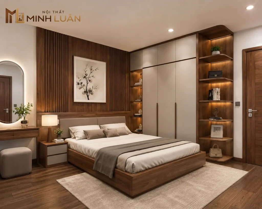 Phối hợp gỗ tự nhiên và gỗ công nghiệp trong thiết kế phòng ngủ
