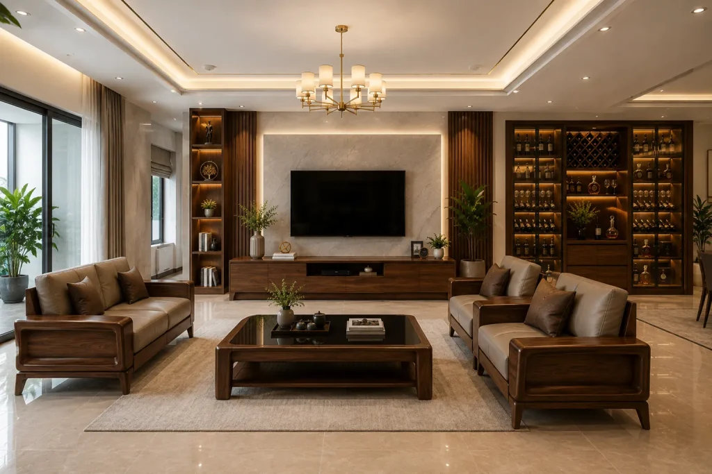 Nội Thất Phòng Khách 25 Không gian phòng khách được bố trí khoa học với sofa, bàn trà và kệ tivi