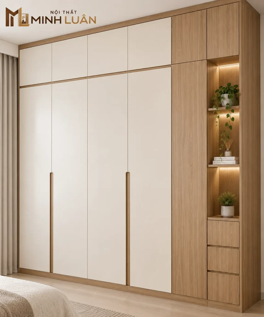 Tủ Quần Áo Kịch Trần Kết Hợp Kệ Trang Trí Gỗ Hiện Đại 19 Phối màu gỗ và gam trung tính tạo vẻ đẹp hiện đại cho hệ tủ
