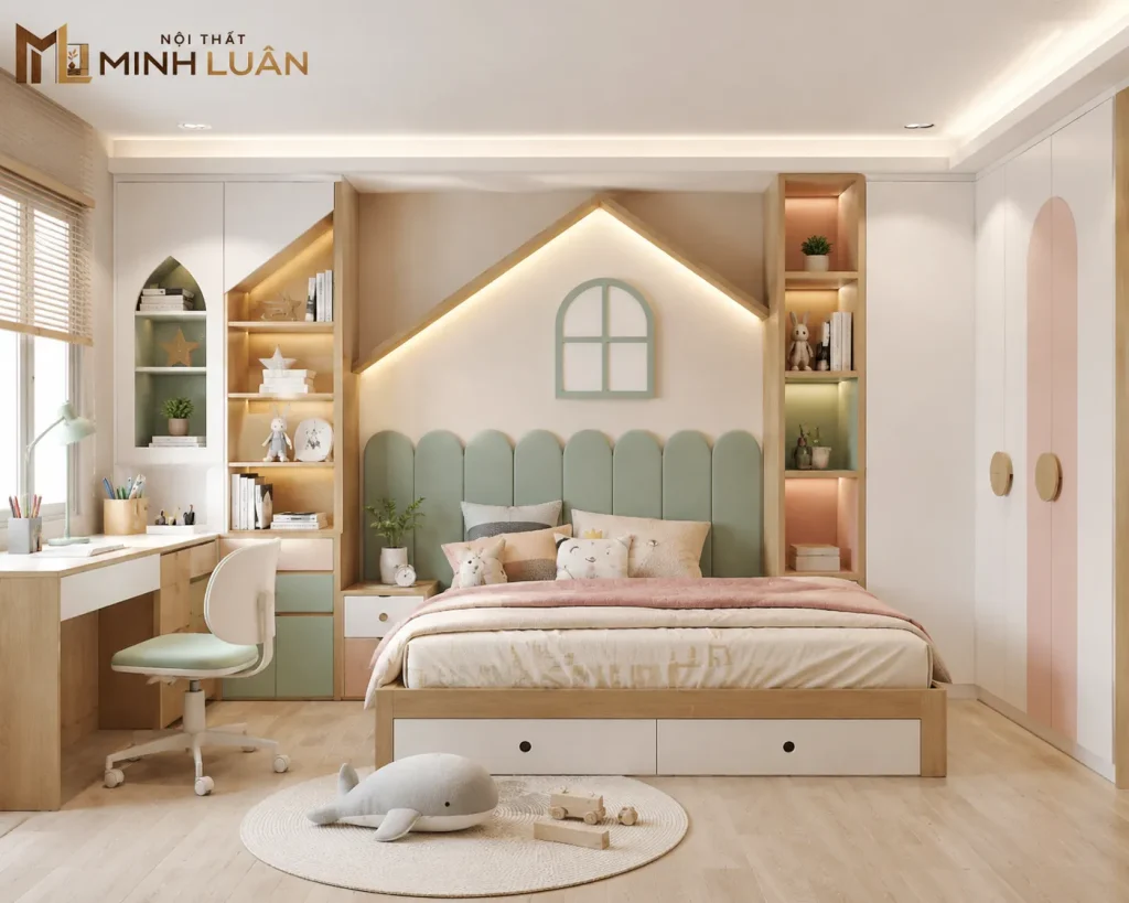 Thiết kế đồng bộ Nội Thất Trẻ Em bằng gỗ giúp kết nối các khu vực chức năng và tối ưu diện tích phòng ngủ.
