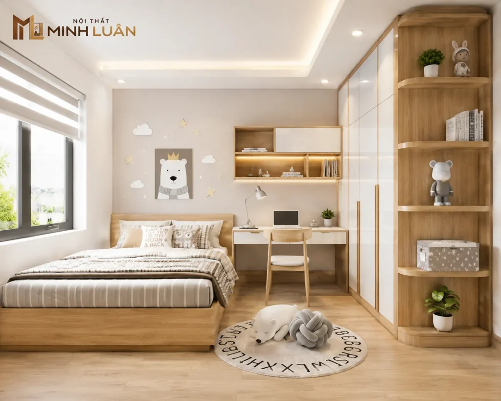 Phòng ngủ trẻ em bằng gỗ được thiết kế đồng bộ, tiện nghi và phù hợp với nhu cầu sử dụng của trẻ.