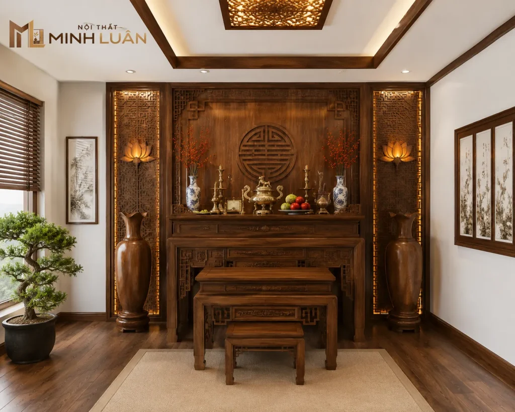Xưởng Nội Thất Uy Tín – Thiết Kế, Sản Xuất Gỗ Minh Luân 8 Phòng thờ có yêu cầu đặc thù về sự trang nghiêm, cân đối và hài hòa.