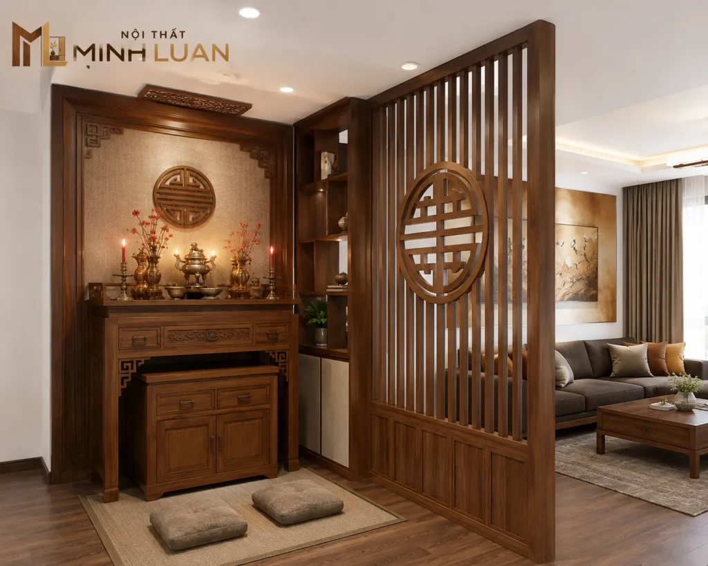 Bàn thờ gỗ tự nhiên tạo điểm nhấn trang nghiêm và ấm cúng cho phòng thờ