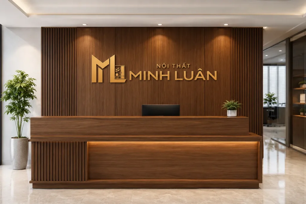 Quầy lễ tân bằng gỗ tạo điểm nhấn cho khu vực đón tiếp khách hàng