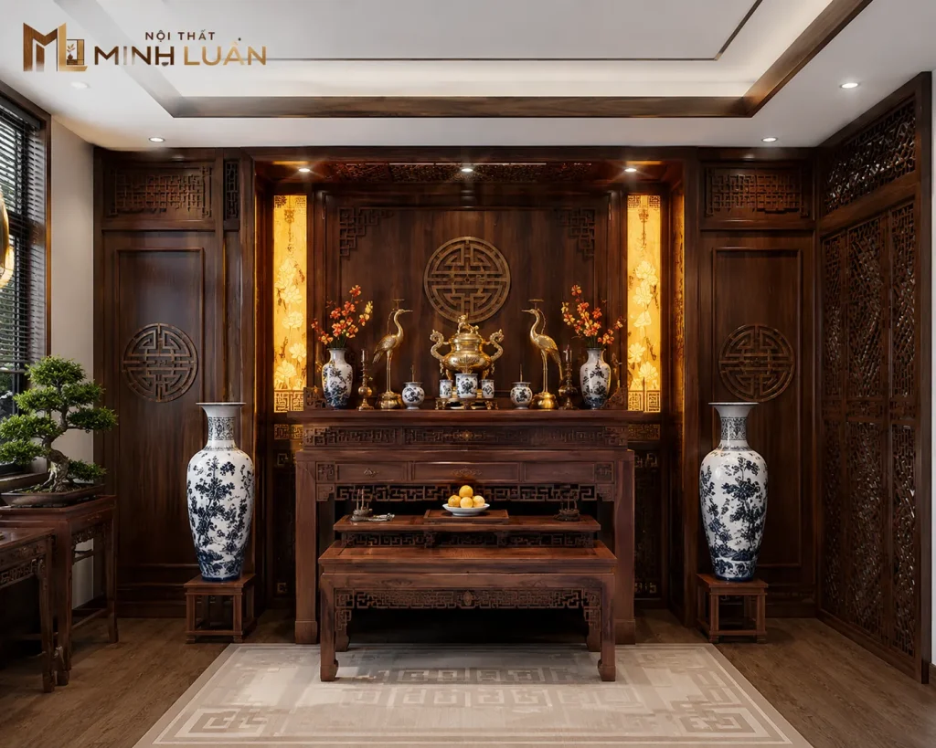 Mẫu nội thất phòng thờ bằng gỗ đẹp, trang nghiêm được thiết kế theo không gian thực tế