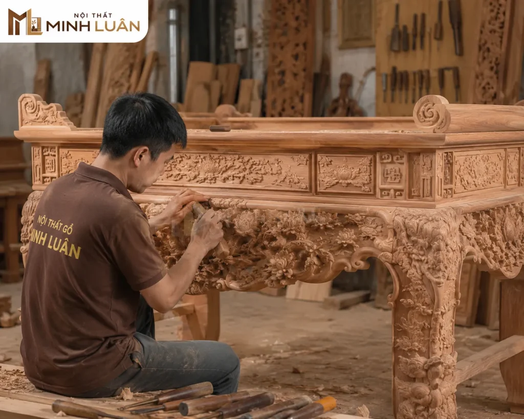 Sập thờ và án gian bằng gỗ mang vẻ đẹp truyền thống, bề thế cho phòng thờ