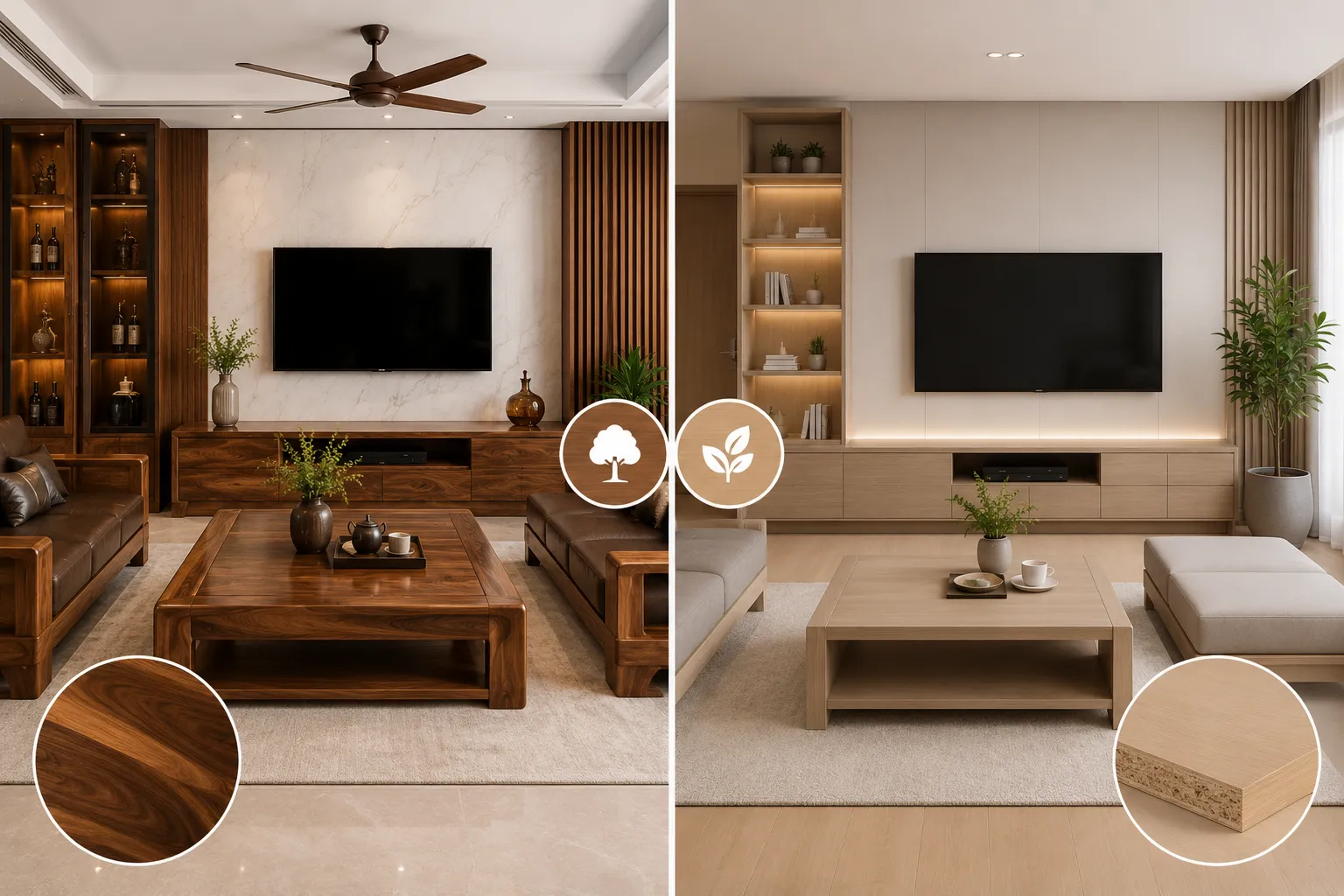 So sánh lựa chọn gỗ tự nhiên và gỗ công nghiệp cho phòng khách
