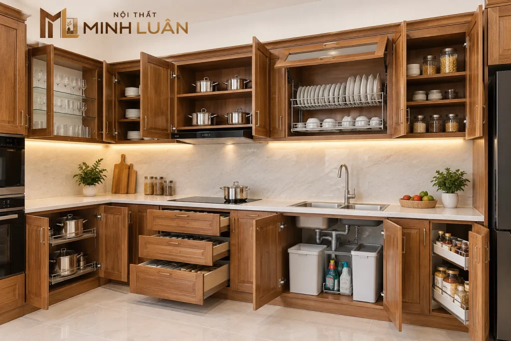 Tủ Bếp Gỗ Tự Nhiên Chữ L Có Tủ Trên Kính Hiện Đại 14 Hệ thống tủ trên và tủ dưới cung cấp không gian lưu trữ tiện lợi