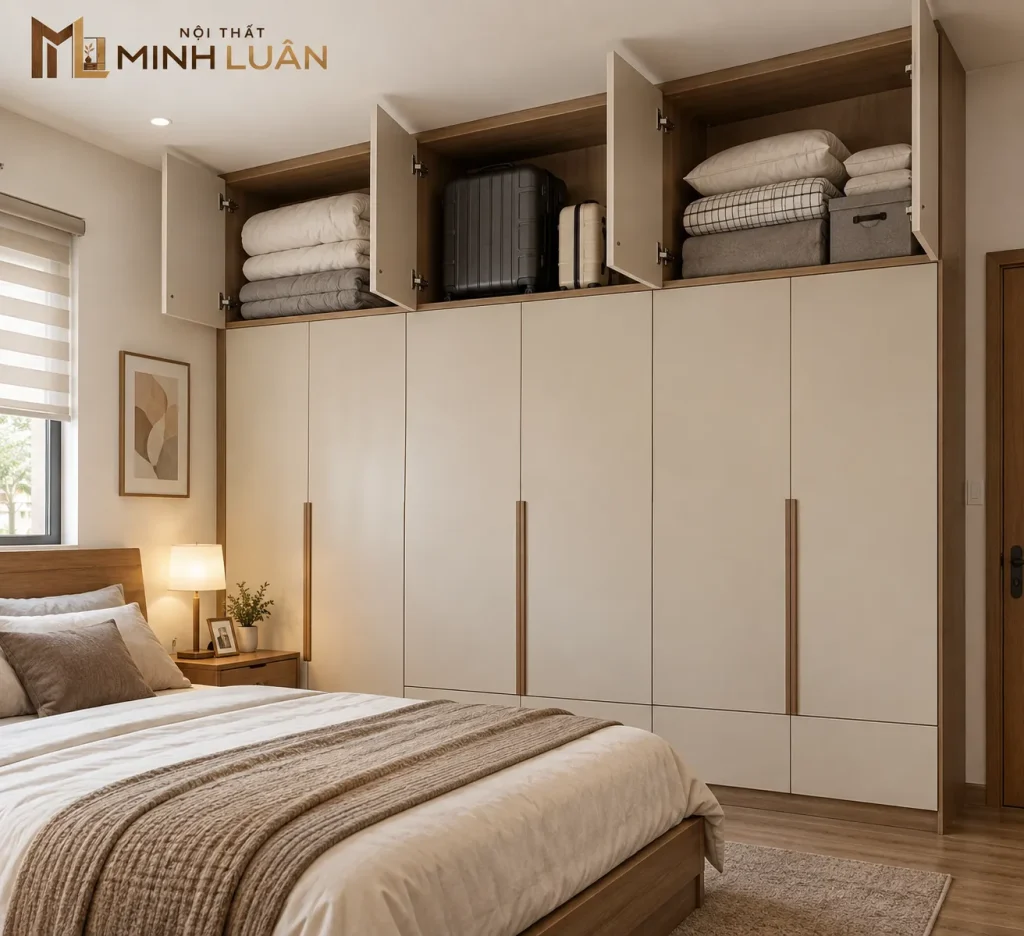 Tủ Quần Áo Kịch Trần Kết Hợp Kệ Trang Trí Gỗ Hiện Đại 13 Khoang tủ phía trên giúp tăng không gian lưu trữ cho phòng ngủ