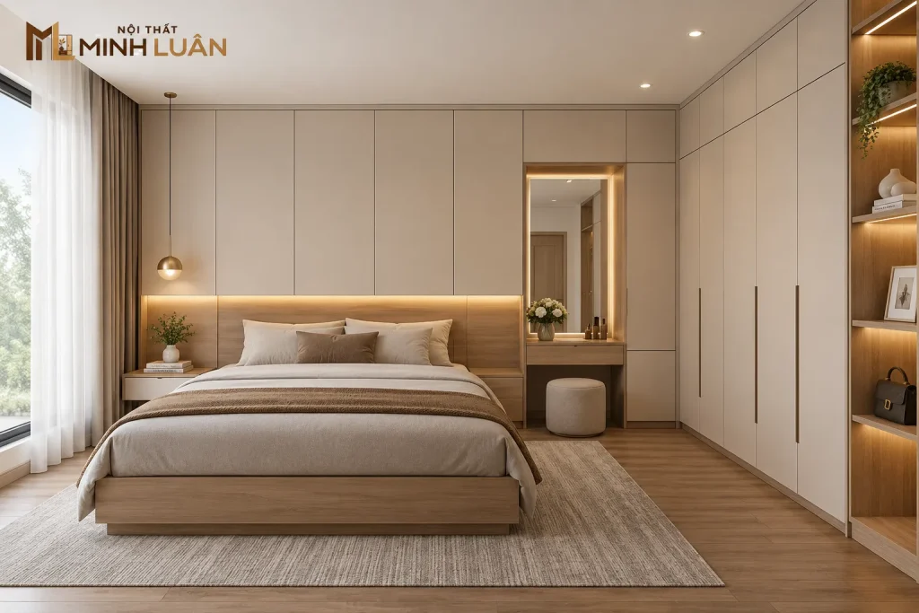 Tủ Quần Áo Kịch Trần Kết Hợp Kệ Trang Trí Gỗ Hiện Đại 14 Hệ tủ kịch trần tạo sự liền mạch và gọn gàng cho không gian phòng ngủ