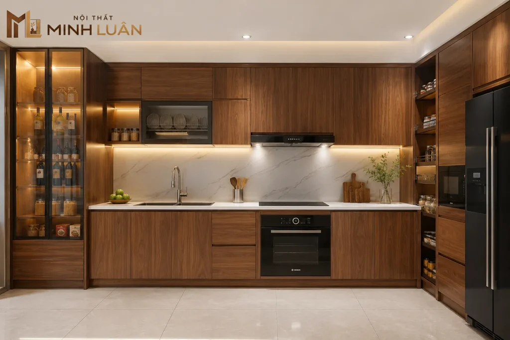 Nội Thất Nhà Bếp bằng gỗ kết hợp hệ thống thiết bị và phụ kiện tiện nghi