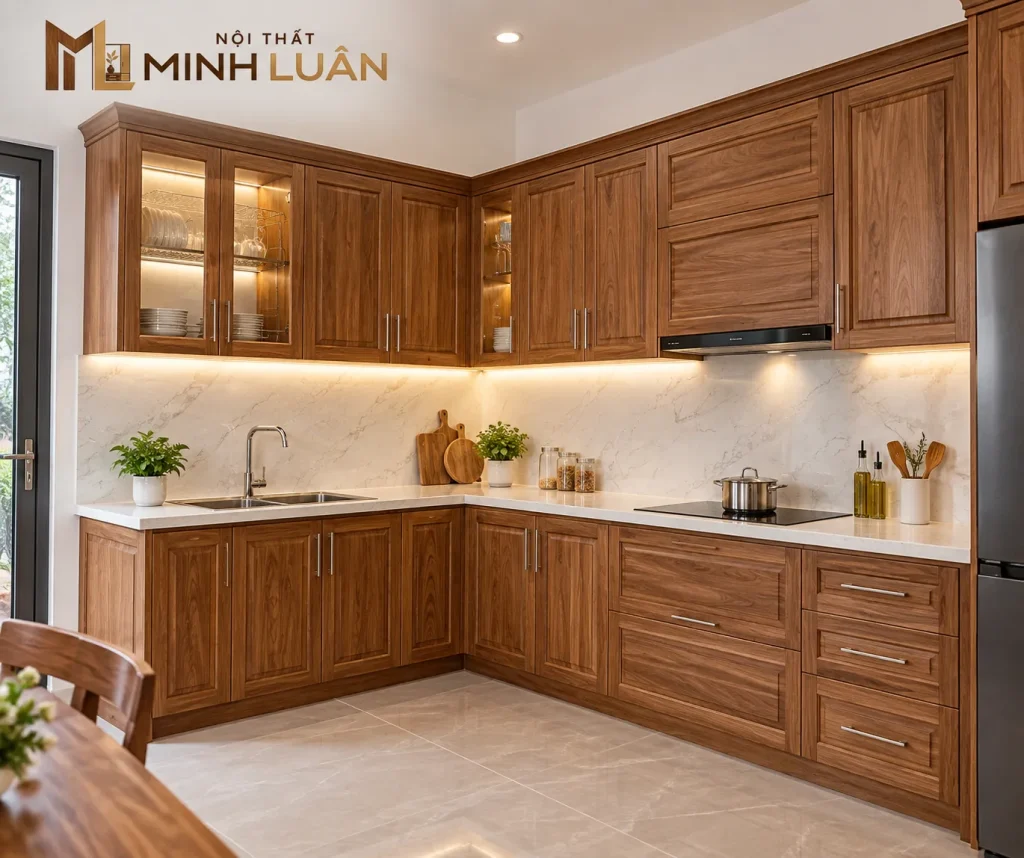 Tủ Bếp Gỗ Tự Nhiên Chữ L Có Tủ Trên Kính Hiện Đại 11 Thiết kế tủ bếp chữ L giúp tối ưu diện tích và không gian góc bếp