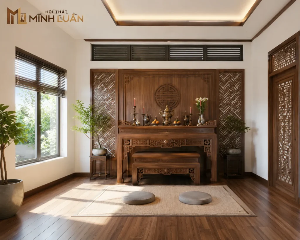 Thiết kế phòng thờ bằng gỗ cần đảm bảo sự thông thoáng và thuận tiện trong quá trình sử dụng