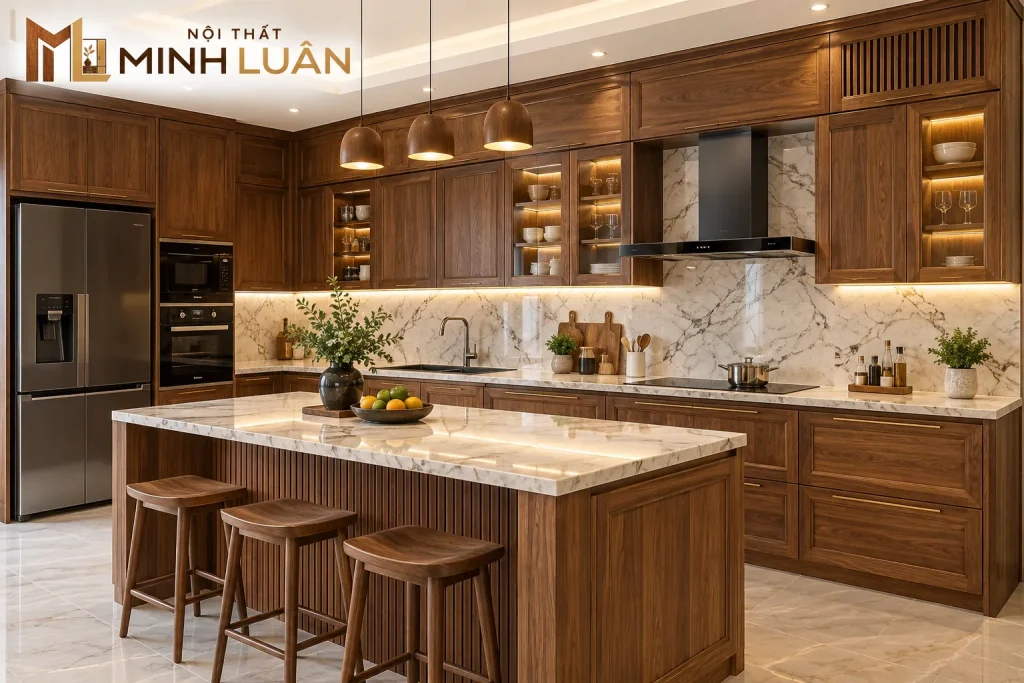 Tủ Bếp Gỗ Tự Nhiên Chữ L Có Tủ Trên Kính Hiện Đại 15 Sự kết hợp giữa gỗ tự nhiên và kính tạo không gian bếp sang trọng, hiện đại