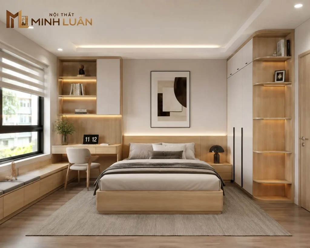Nội Thất Trẻ Em bằng gỗ với màu sắc trung tính giúp không gian dễ thay đổi theo sở thích khi trẻ lớn lên.