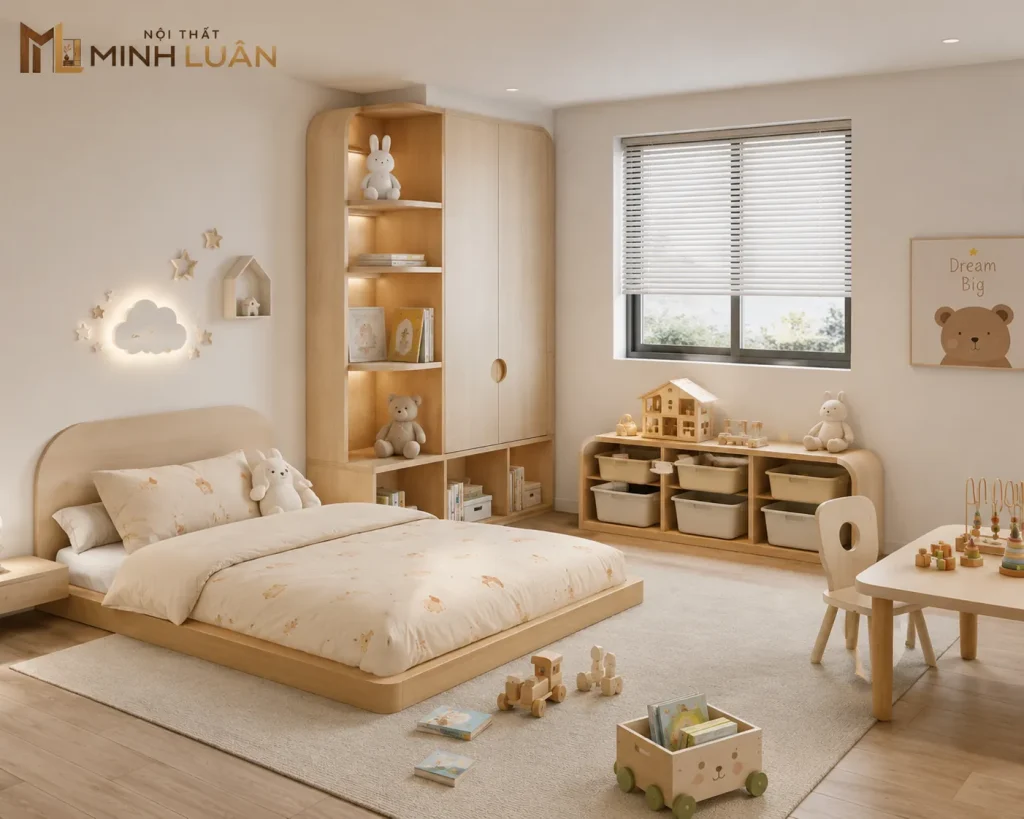 Nội Thất Trẻ Em cho trẻ nhỏ nên ưu tiên thiết kế đơn giản, dễ sử dụng và phù hợp với độ tuổi.