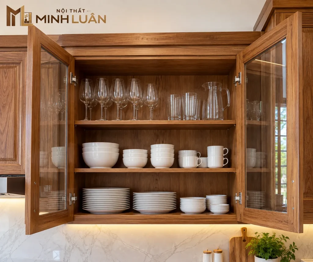 Tủ Bếp Gỗ Tự Nhiên Chữ L Có Tủ Trên Kính Hiện Đại 16 Tủ trên kính giúp dễ quan sát và sắp xếp đồ dùng nhà bếp