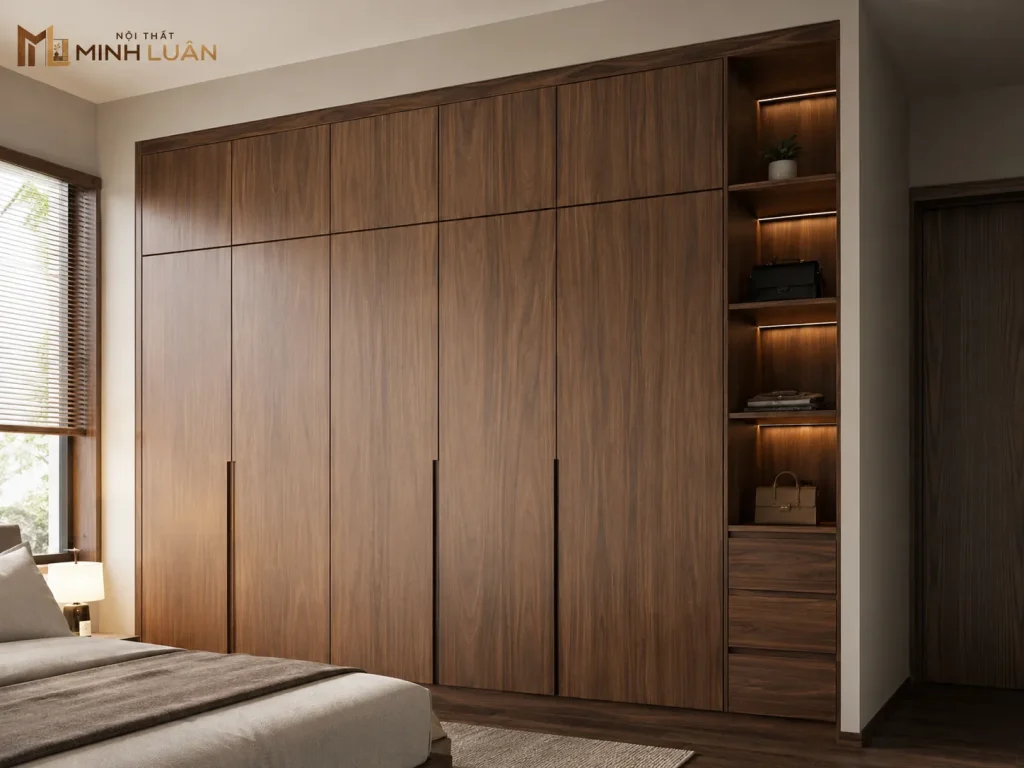 Tủ quần áo gỗ kịch trần giúp tăng không gian lưu trữ cho phòng ngủ