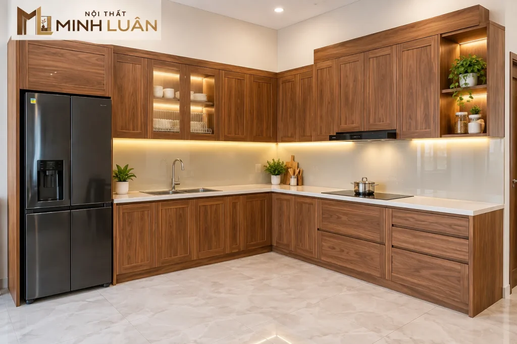 Tủ Bếp Gỗ Tự Nhiên Chữ L Có Tủ Trên Kính Hiện Đại 10 Tủ Bếp Gỗ Tự Nhiên Chữ L có tủ trên kính hiện đại, sang trọng