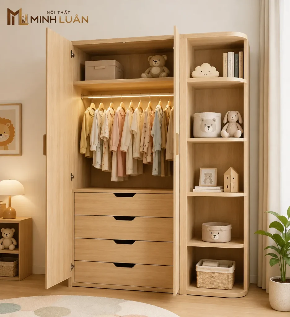 Tủ quần áo trẻ em bằng gỗ được chia thành nhiều khu vực lưu trữ, giúp trẻ dễ dàng lấy và sắp xếp đồ dùng.