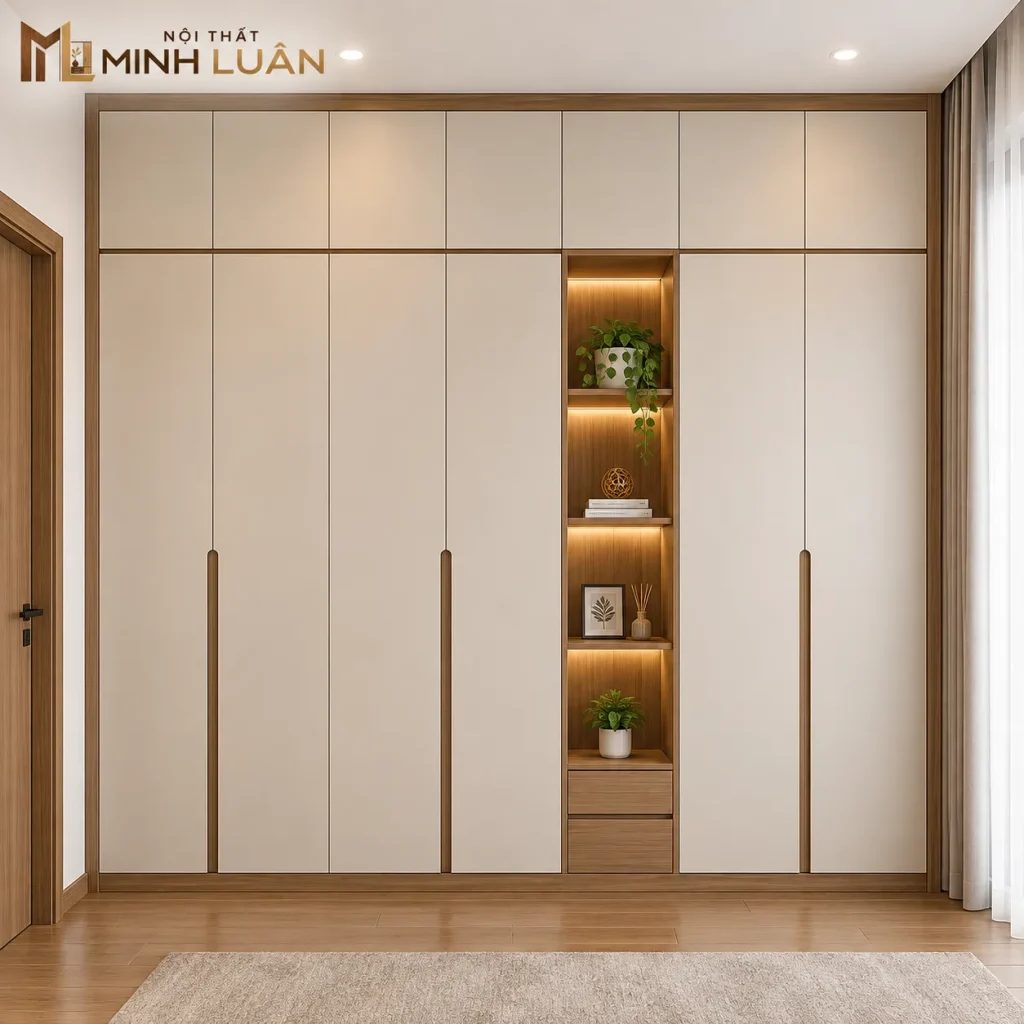 Tủ Quần Áo Kịch Trần Kết Hợp Kệ Trang Trí Gỗ Hiện Đại 12 Thiết kế Tủ Quần Áo Kịch Trần tận dụng tối đa chiều cao phòng ngủ