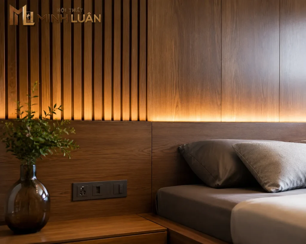 Vách đầu giường bằng gỗ tạo điểm nhấn cho không gian phòng ngủ