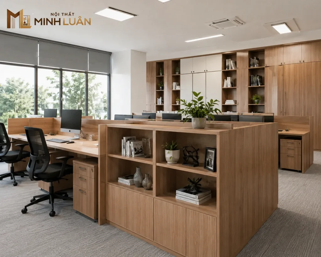 Vách ngăn văn phòng bằng gỗ giúp phân chia không gian làm việc linh hoạt